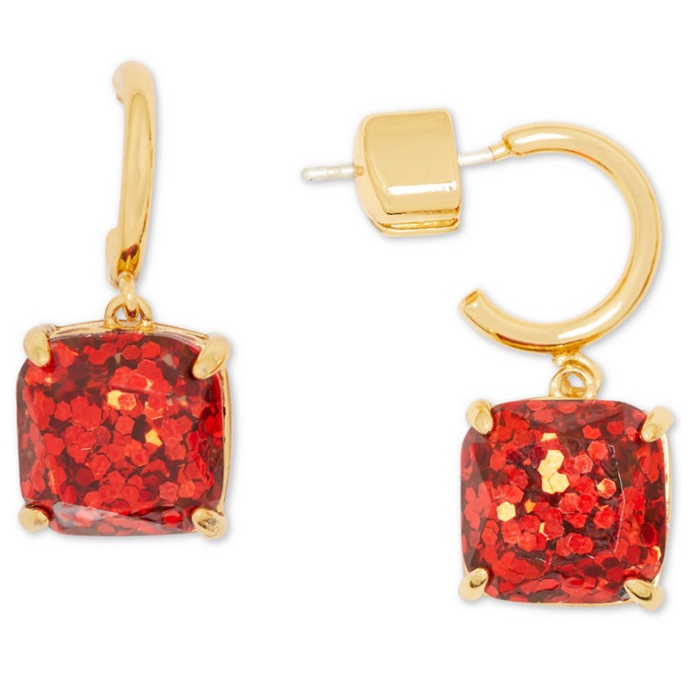 Square Glitter Stone Charm Huggie Hoop Earrings